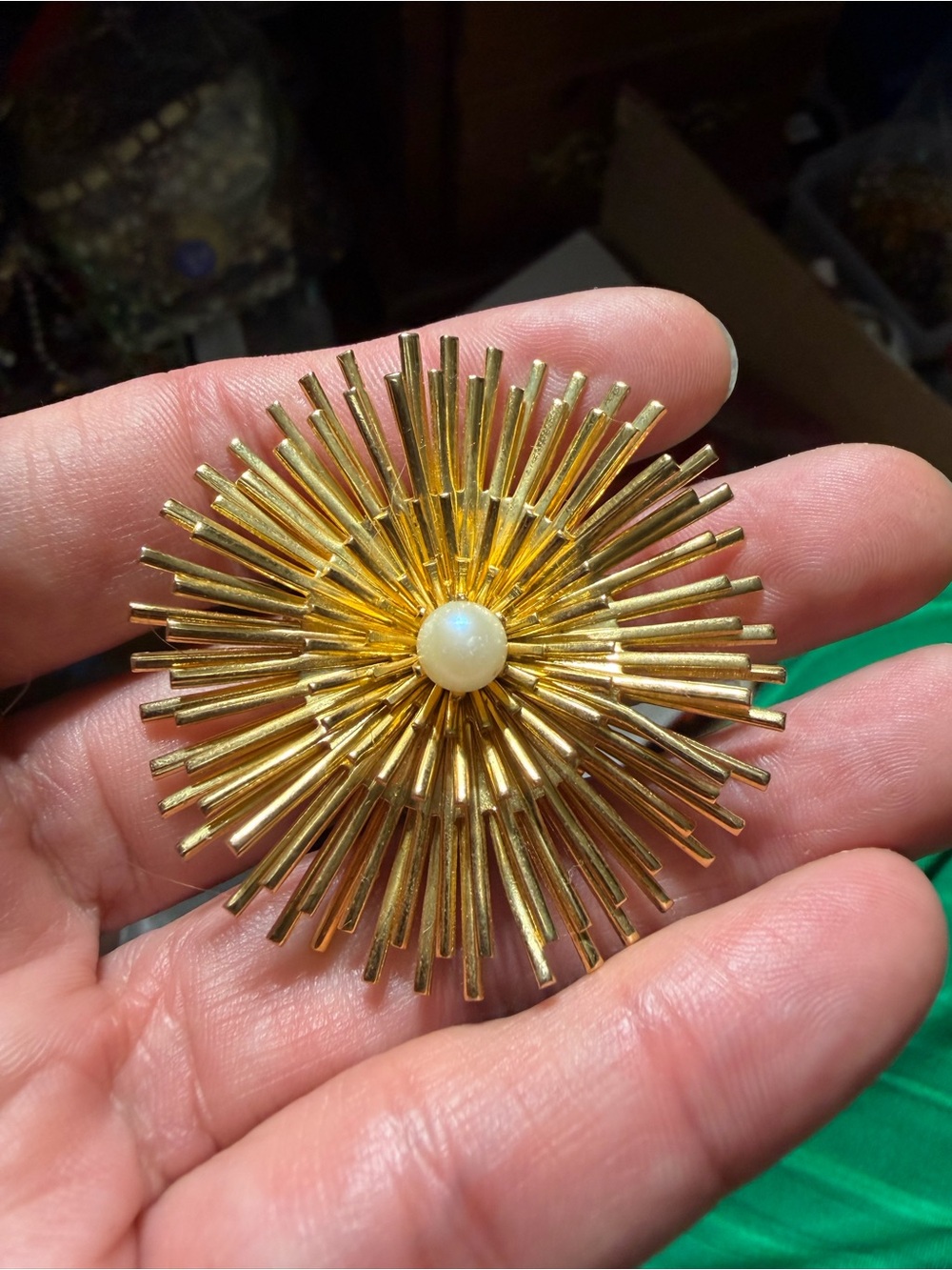 Vintage Gold Tone Sunburst Faux Pearl Brooch